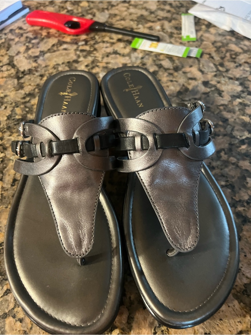 Cole Haan Metallic Gunmetal Leather Thong Sandals - Women's
